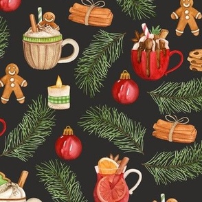 Christmas pattern with hot coffee and cinnamon