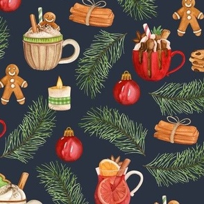 Christmas pattern with hot coffee and cinnamon. Dark blue