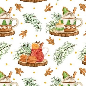 Christmas pattern with hot coffee and cinnamon. White