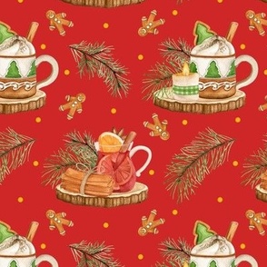 Christmas pattern with hot coffee and cinnamon. Red