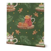 Christmas pattern with hot coffee and cinnamon. Green