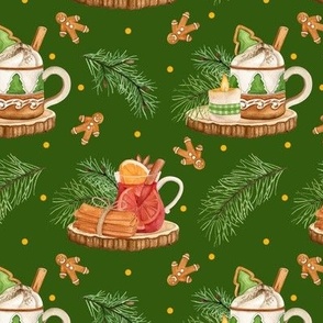 Christmas pattern with hot coffee and cinnamon. Green