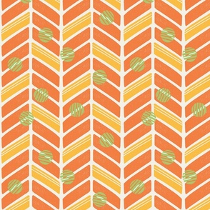 Retro Orange, Gold, and Green Herringbone with Dots - Large Scale