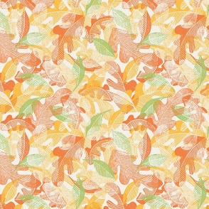 Block Printed Autumn Oak Leaves in Orange, Gold, and Green - Large Scale