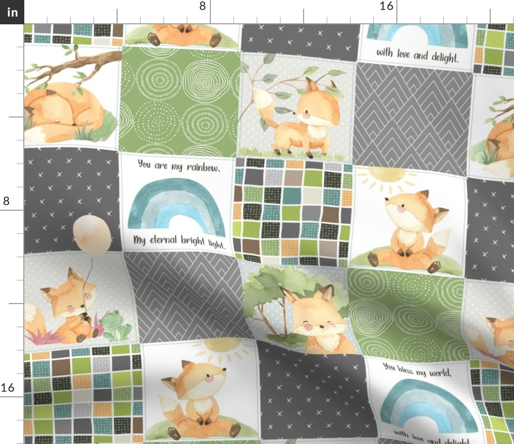 4 1/2" Freddie Fox Quilt Blanket – Baby Fox + Rainbows Patchwork Nursery Fabric, Bedding Cheater Quilt B