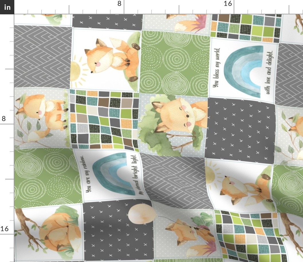 4 1/2" Freddie Fox Quilt Blanket – Baby Fox + Rainbows Patchwork Nursery Fabric, Bedding Cheater Quilt B, ROTATED