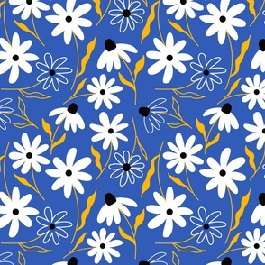Loose daisy pattern design on bright blue background