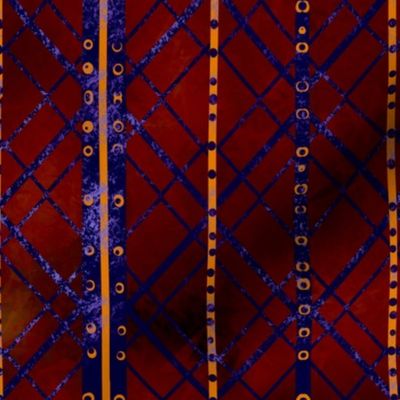 Trellis geometric vertical grid stripes on ombre textured background 12”  repeat red hues with purple orange lilac trelliss 