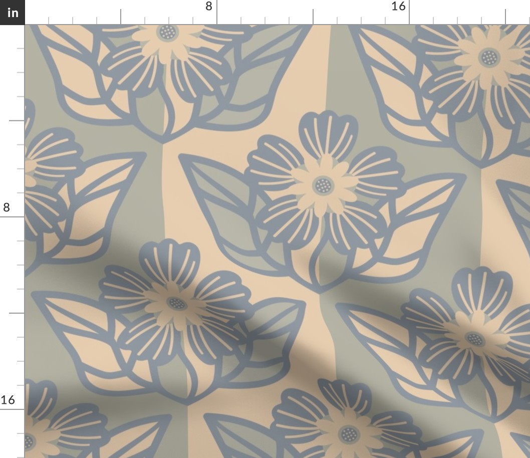 Large Dusty Blue flowers on Agate Gray and Gray Sand stripes - Large