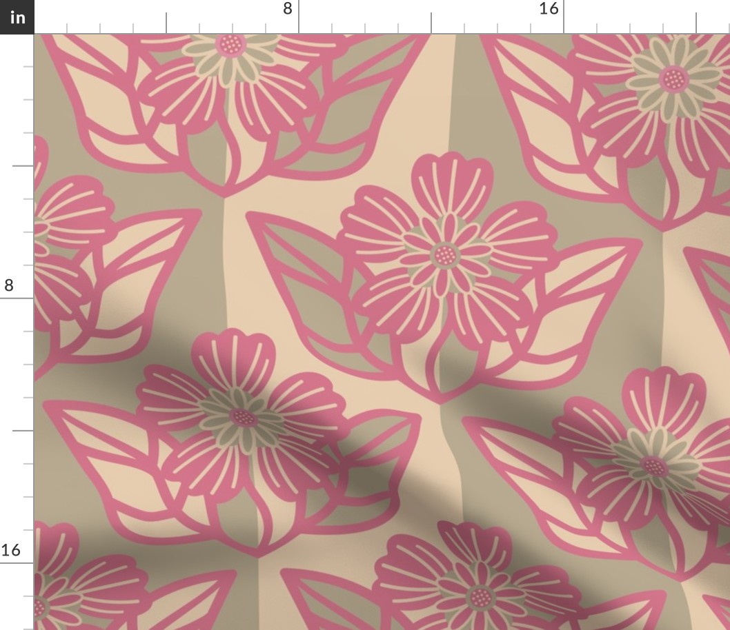 Large Viva Magenta flowers on Fields of Rye and Gray Sand stripes - Large