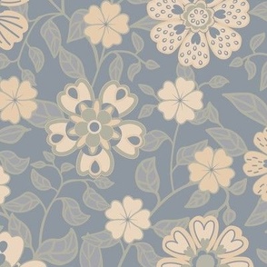 Vines and fantasy flowers - Gray Sand flowers on Dusty Blue - Large