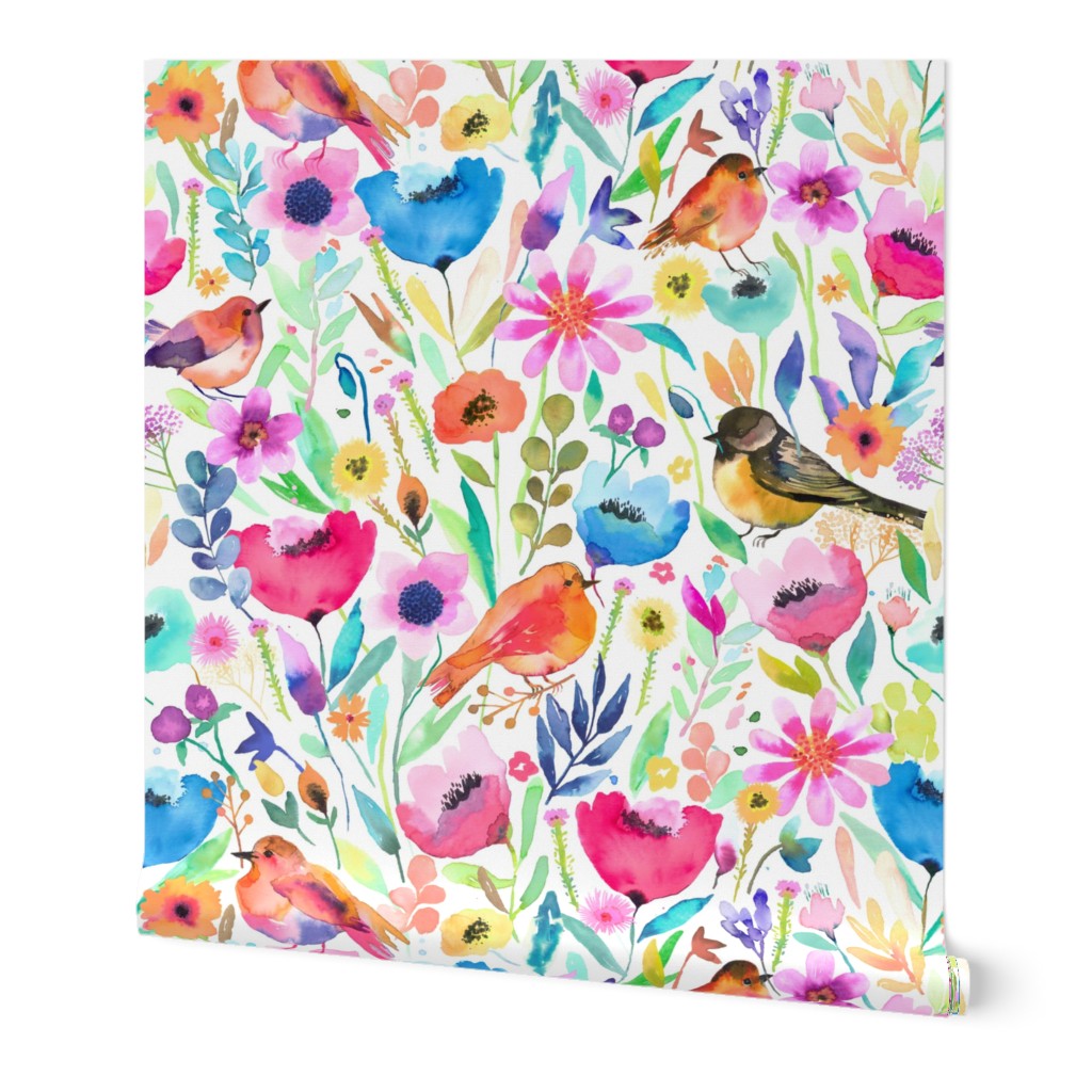 Hidden whimsical birds Spring meadow floral watercolor Medium 