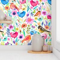 Hidden whimsical birds Spring meadow floral watercolor Medium 