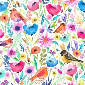 Hidden whimsical birds Spring meadow floral watercolor Medium 