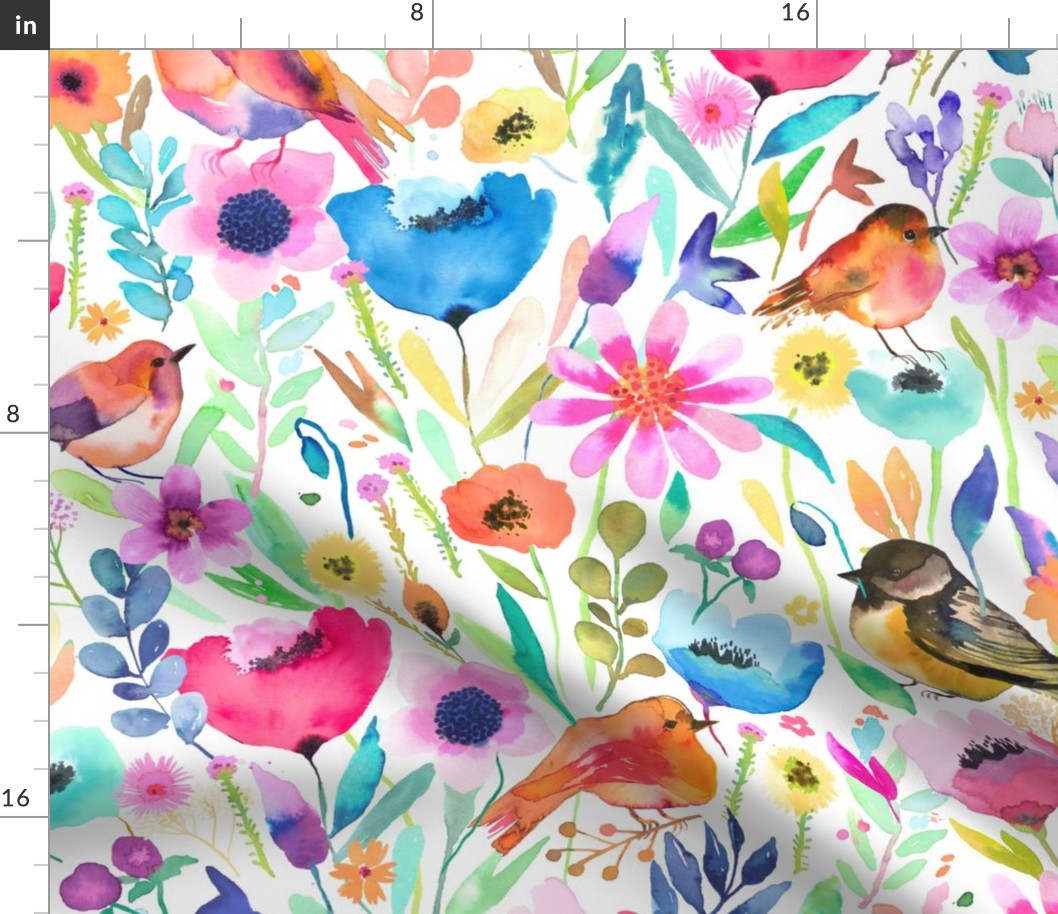 Hidden whimsical birds Spring meadow floral watercolor Medium 