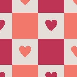 Checkered Hearts - Cream, Viva Magenta, Coral -Large
