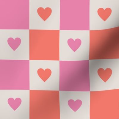 Checkered Hearts - Cream, Pink, Coral -Large