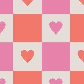 Checkered Hearts - Cream, Pink, Coral -Large