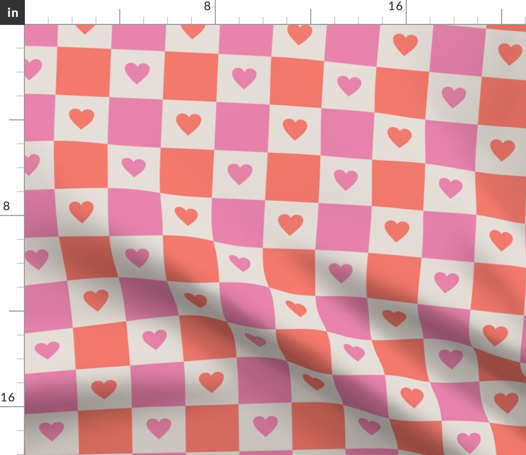 Checkered Hearts - Cream, Pink, Coral -Large