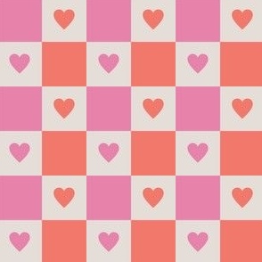 Checkered Hearts - Cream, Pink, Coral -Medium
