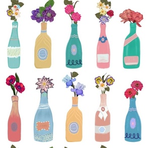 Champagne, wine bottle with bouquet flowers