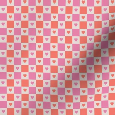 Checkered Hearts - Cream, Pink, Coral -Small