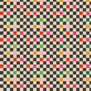 Checkerboard tile cream and charcoal with pink, red, magenta, green, yellow accents (medium)