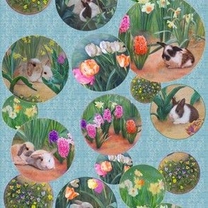 6x6-Inch Repeat of Bunnies and Flowers, Circles on Sky Blue Background