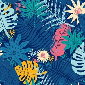 Maximalist modern Hawaiian botanical print with tropical leaves and floral on blue