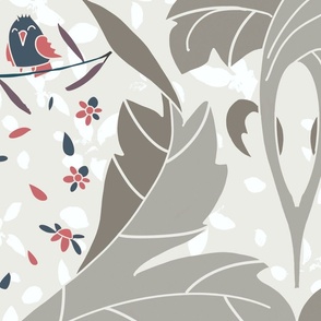 damask pattern with large grey leaves and colorful red and navy blue parts - large scale