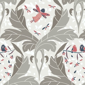 damask pattern with large grey leaves and colorful red and navy blue parts - medium scale