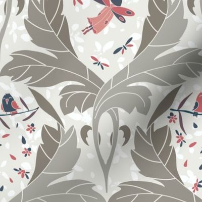 damask pattern with large grey leaves and colorful red and navy blue parts - small scale