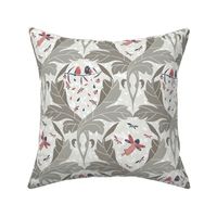 damask pattern with large grey leaves and colorful red and navy blue parts - small scale