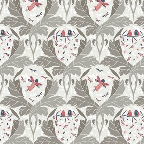 damask pattern with large grey leaves and colorful red and navy blue parts - small scale