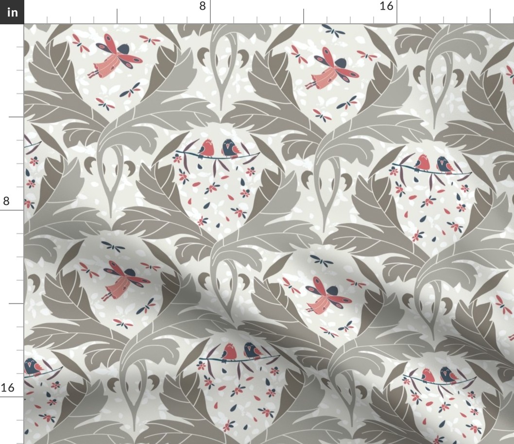 damask pattern with large grey leaves and colorful red and navy blue parts - small scale