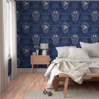 damask pattern creatures, fairies and elves night scene dark blue - large scale