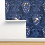 damask pattern creatures, fairies and elves night scene dark blue - large scale