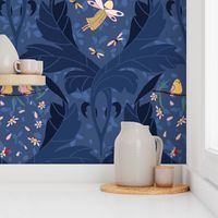 damask pattern creatures, fairies and elves night scene dark blue - large scale