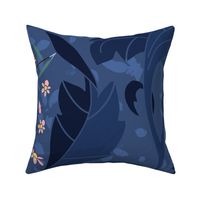 damask pattern creatures, fairies and elves night scene dark blue - large scale