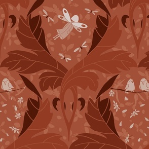 damask pattern with large warm brown  leaves and autums colored parts - medium scale