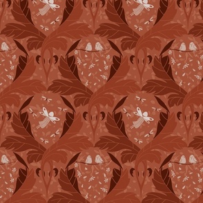 damask pattern creatures, fairies and elves on shades of autumn browns - small scale