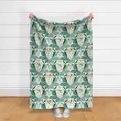 damask pattern creatures, fairies and elves on shades of green - medium scale