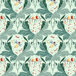 damask pattern creatures, fairies and elves on shades of green - small scale