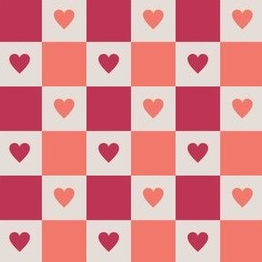 Checkered Hearts - Cream, Viva Magenta, Coral -Medium