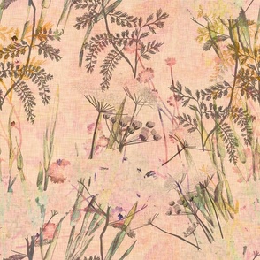 Botanical wild meadow plants in moss and sage greens on pastel pink background with a vintage linen texture