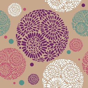 Mid Mod Mix and Match Coordinate - Flower Balls in Pink, Purple, Turquoise, and White on Light Brown