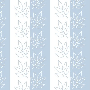 classic stripe - large fog and white stripes and leaves -  blue coastal botanical wallpaper and fabric