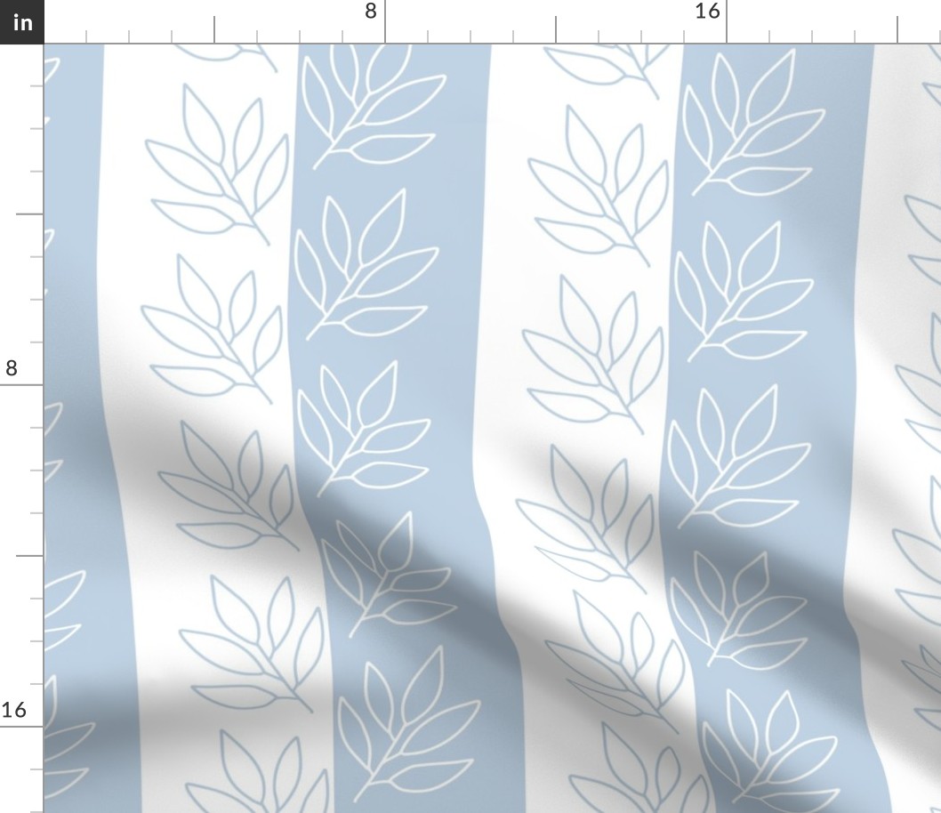 classic stripe - large fog and white stripes and leaves -  blue coastal botanical wallpaper and fabric