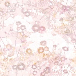 Small scale all over pattern of mauve daisies on a pastel pink marbled background with a vintage linen texture