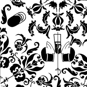 Fencing Damask in Black and White -- wallpaper scale